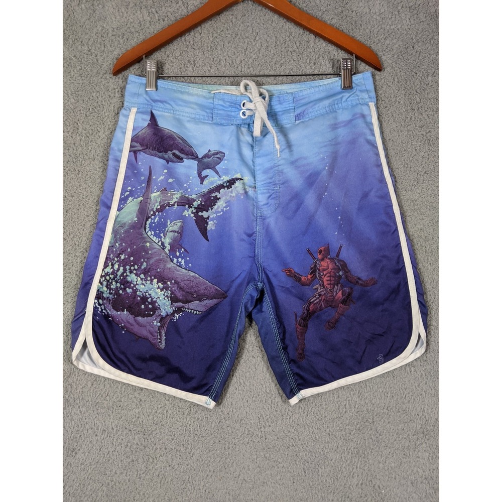 Marvel Deadpool Sharks Swim Board Shorts Mens S Blue Graphic Print Beach Surfer